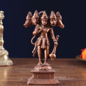 Pure Copper Panchmukhi Hanuman Idol | 4.2" x 3" x 2" (10.7 x 7.6 x 5.1 cm) | 450g Five-Faced Sacred Art | Divine Protection Murti